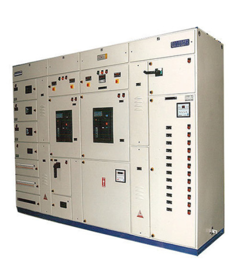 Inside view of a power control panel with busbars and circuit breakers